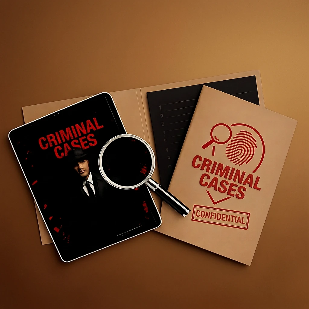 Criminal cases — tablet, notebook, and magnifying glass